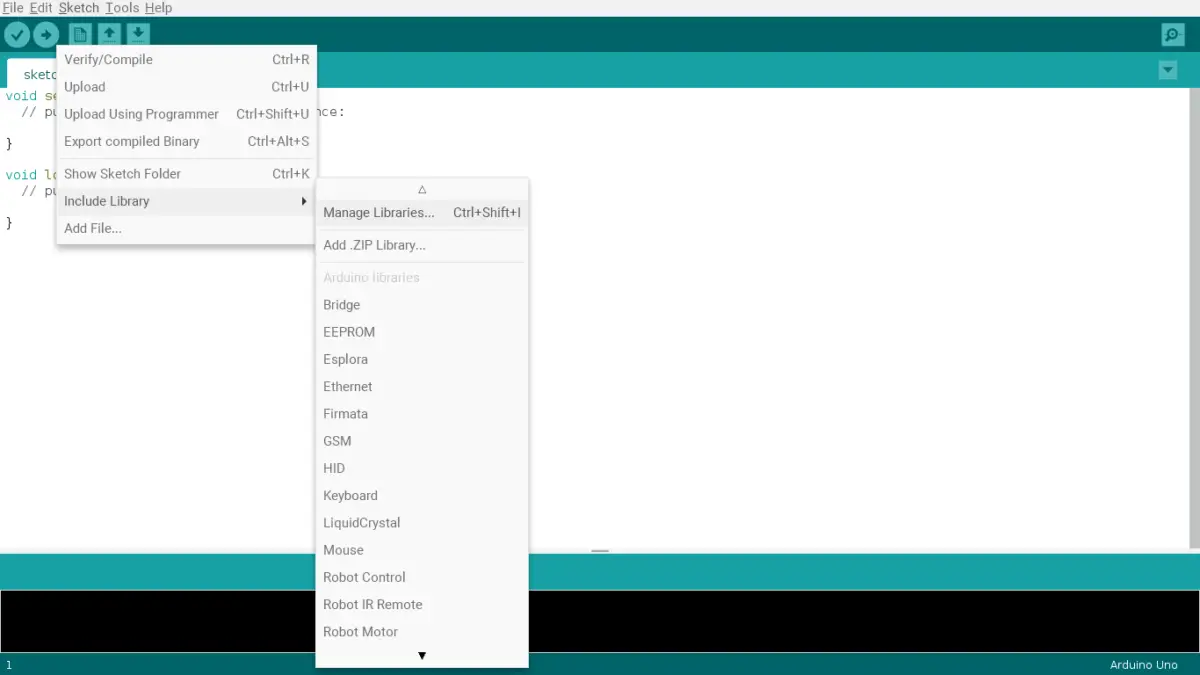 Where to find Manage Libraries in the Arduino IDE