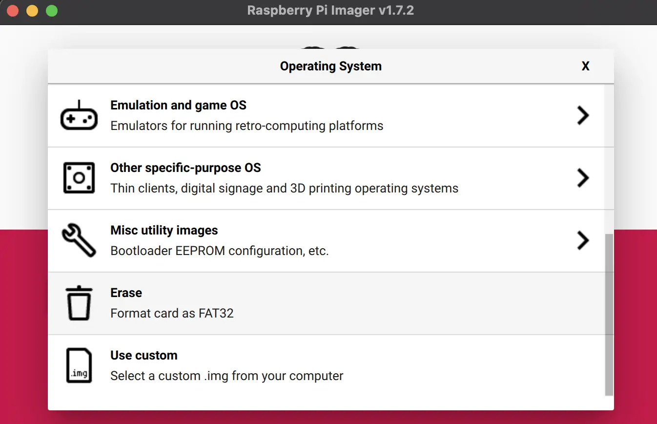 Erase Option In Choose OS In RPI Imager