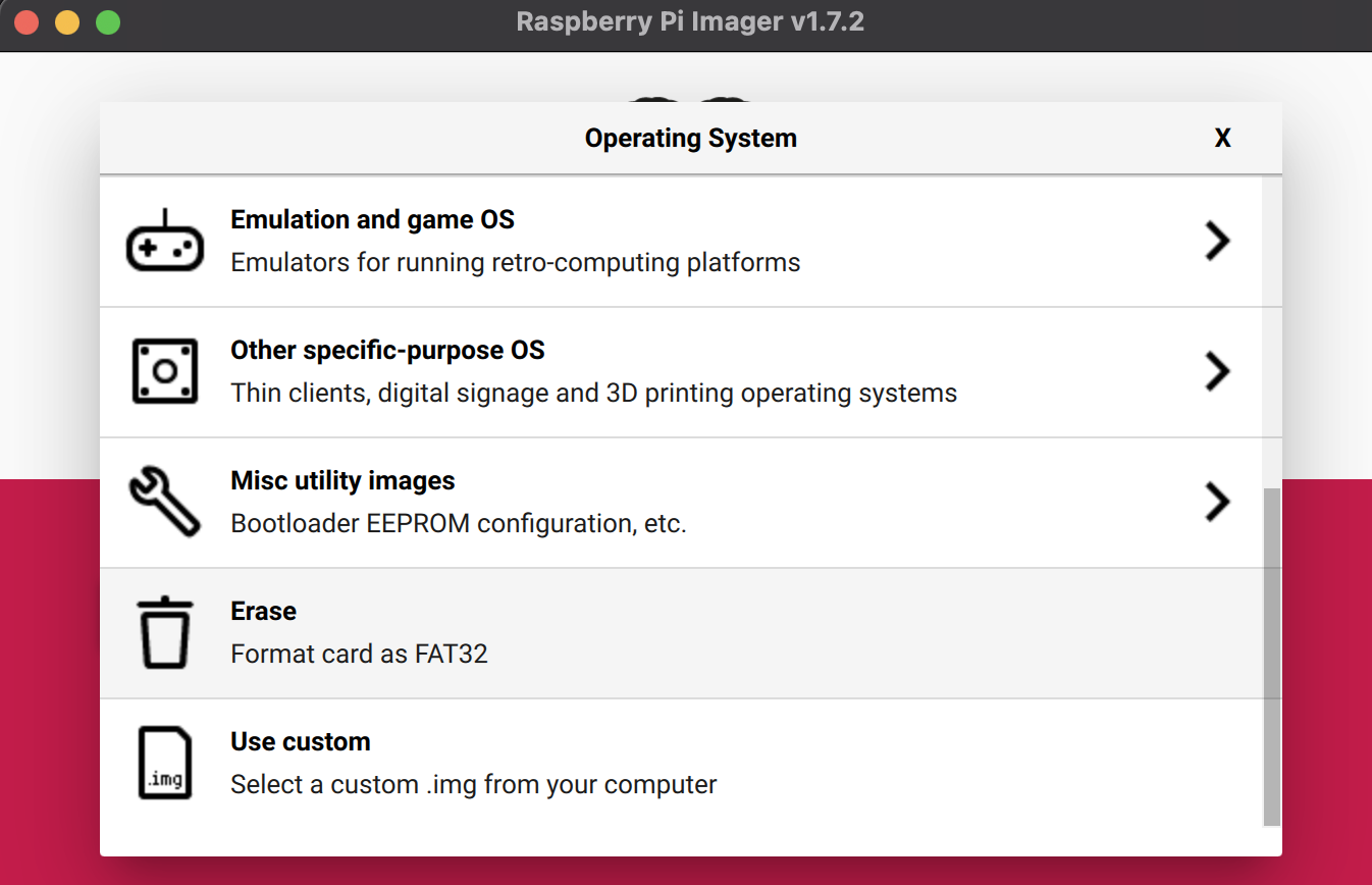 Erase Option In Choose OS In RPI Imager